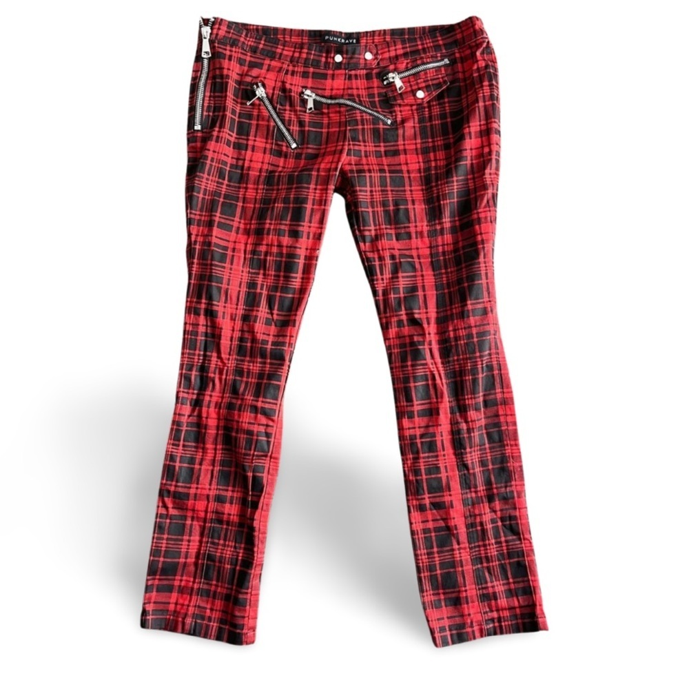 Punkrave rare Red Black Plaid Punk Pants Low Rise Zipper Detail Y2K Emo